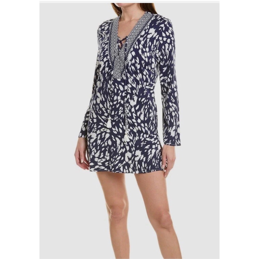 La Blanca Navy White Ikat Lace Up Tassel Tunic Dress Cover Up size XS